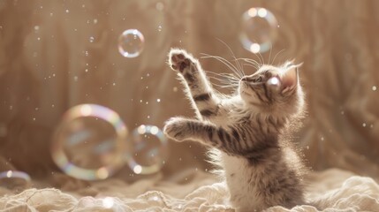 A playful kitten swatting at bubbles floating in the air, adding a touch of whimsy to its curious exploration. - obrazy, fototapety, plakaty
