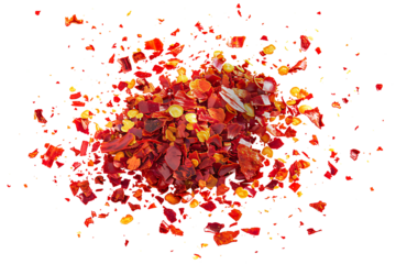 Close up spicy chili red pepper flakes, chopped, milled dry paprika pile isolated on white
