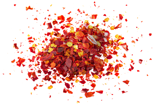 Close up spicy chili red pepper flakes, chopped, milled dry paprika pile isolated on white