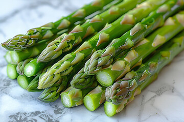 A bunch of fresh green asparagus spears, arranged elegantly against a clean, bright background, promising tender texture and earthy goodness.