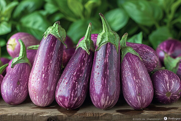 A cluster of vibrant purple eggplants, their glossy skins contrasting beautifully with the bright, plain backdrop, promising creamy texture and rich flavor.