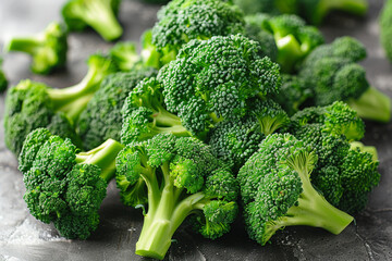 A bunch of fresh green broccoli florets, arranged elegantly against a clean, bright background, tempting with their crispness and nutrient-rich goodness. - obrazy, fototapety, plakaty