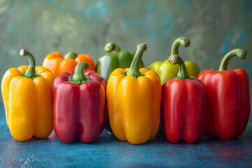 A collection of colorful bell peppers, including red, yellow, and orange varieties, displayed against a bright, plain backdrop, celebrating their vibrant flavors and culinary versa