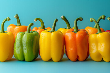A collection of colorful bell peppers, including red, yellow, and orange varieties, displayed against a bright, plain backdrop, celebrating their vibrant flavors and culinary versa