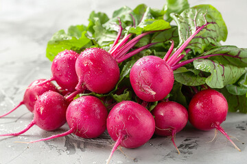 A cluster of vibrant red radishes, their crisp texture and peppery flavor showcased against a vivid, plain bright canvas, adding a pop of color and zest to any dish.