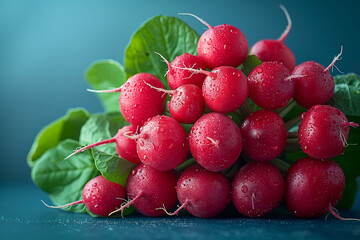A cluster of vibrant red radishes, their crisp texture and peppery flavor showcased against a vivid, plain bright canvas, adding a pop of color and zest to any dish.