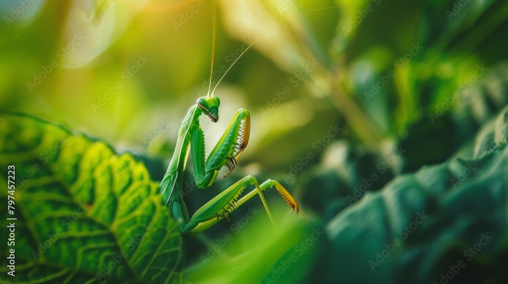 Poster a praying mantis poised on a leaf, showcasing the stealth and patience of this fascinating predator