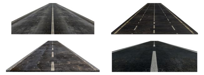 Perspective views of aged and weathered road surfaces cut out png on transparent background