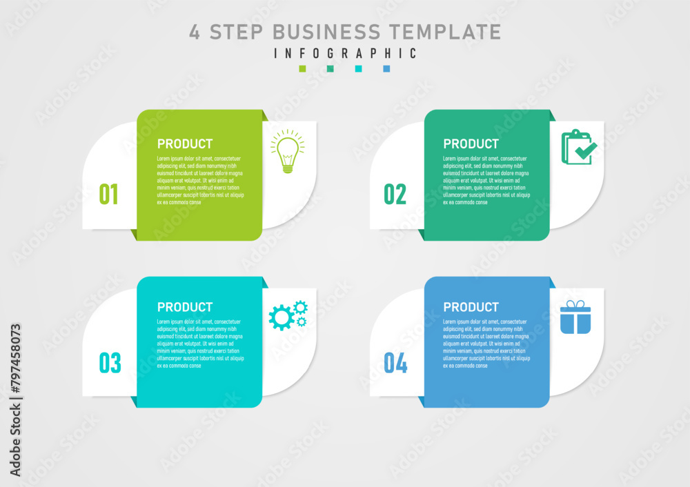 Poster 4 product infographic templates. multi-colored squares on top with white letters in the middle, acut