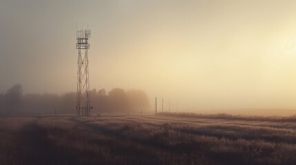 A rural scene with a lone signal tower piercing through the misty morning fog