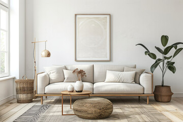 Minimalist and comfortable Scandinavian living room with white sofa, coffee table, potted plants, carpet and empty framed posters on the wall