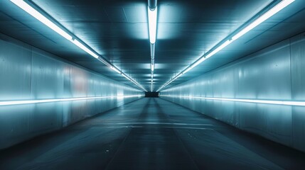 The image captures a symmetrical view of an empty tunnel with a vanishing point perspective The...