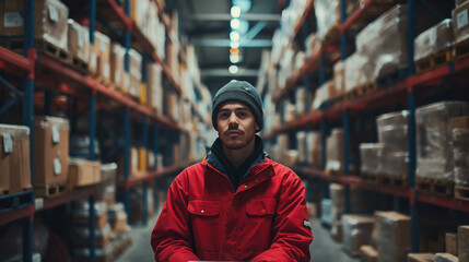 Fototapeta premium Transportation photo: Warehouse worker pushing pallet jack Product owner representative Waiting for the duty of importing or exporting products 