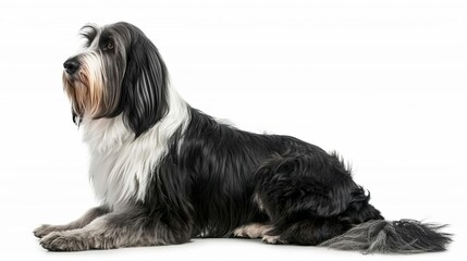 A Bearded Collie sits against a white background displaying its black and grey coat with a look of anticipation and wellmannered poise
