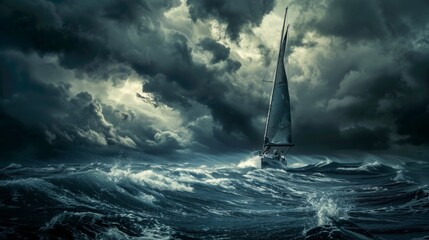 A sailboat navigating choppy waters under dark storm clouds, braving the elements with courage and determination. - obrazy, fototapety, plakaty