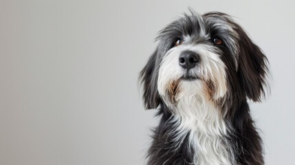 A Bearded Collie sits against a white background displaying its black and grey coat with a look of anticipation and wellmannered poise
 - obrazy, fototapety, plakaty