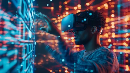 black man in vr headset exploring metaverse world, touching virtual reality subjects with copy space