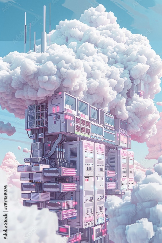 Poster a fluffy pixel art cloud morphing into chunky servers and blocky network switches, illustrating clou