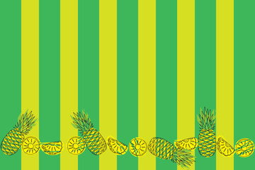 Illustration Line art of pineapple fruit and pieces on green and yellow background.