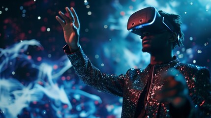 black man in vr headset exploring metaverse world, touching virtual reality subjects with copy space