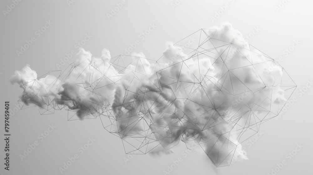 Poster a geometric cloud built from triangular wireframe elements, emphasizing its structured and modular n
