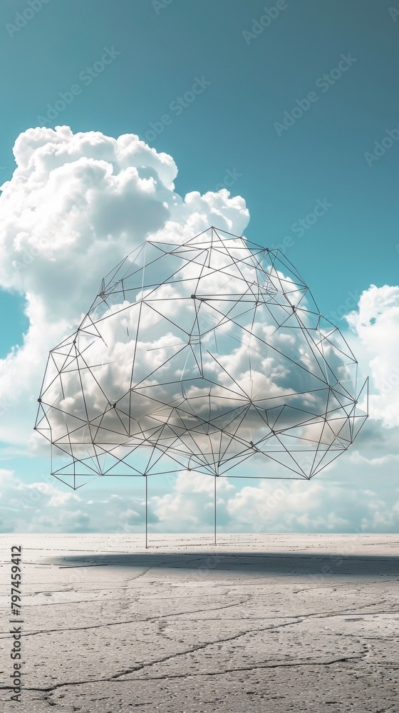 Poster a geometric cloud built from triangular wireframe elements, emphasizing its structured and modular n