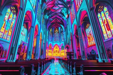 A historic cathedral in pop art style, vibrant stained glass, bold outlines, and stylized sculptures