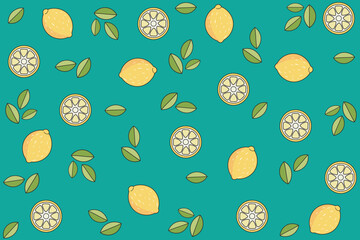 Illustration pattern, Repeating of abstract lemon fruit with leaf on soft green background.