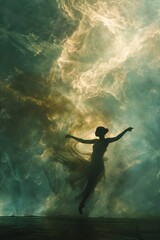 A nebula as the swirling backdrop for a dramatic dance performance, conveying energy and movement