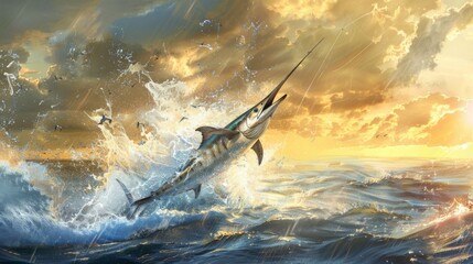 A sleek marlin leaping out of the water in a burst of energy, symbolizing the thrill of sport fishing in the open sea.