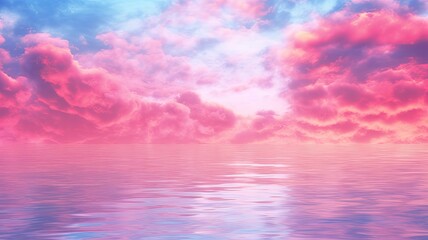 Obraz premium Serene pink and blue sky reflecting over tranquil waters, invoking peace and wonder in a dreamy landscape