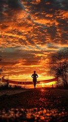 Fototapeta premium A runner silhouetted against a fiery sunset