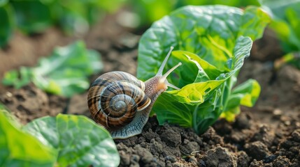A snail reaching out tentatively to nibble on a tender leaf in a vegetable garden