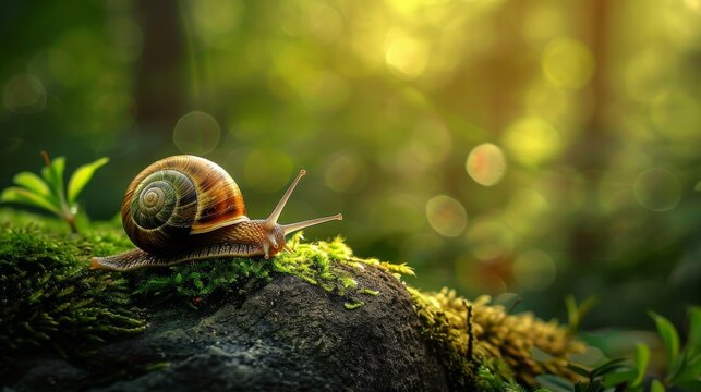 A snail slowly inching its way across a mossy rock in a tranquil forest setting