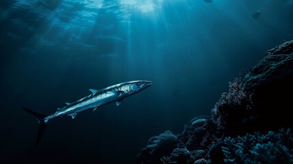 A solitary barracuda patrolling the edge of a reef, its sleek form blending into the shadows of the underwater world.