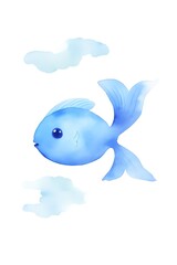 A cute cartoon fish with a light blue body and dark blue fins and tail. The fish is swimming in a white background with three light blue clouds.