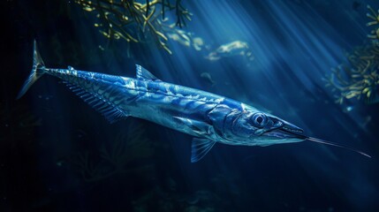A solitary barracuda patrolling the edge of a reef, its sleek form blending into the shadows of the underwater world.