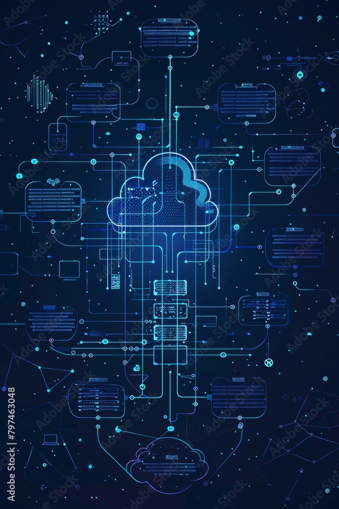 Poster Blueprint-style flowchart representing cloud data migration, servers, storage, and network components connected by directional arrows