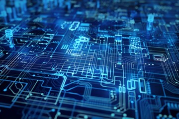 Obraz premium Blueprint close-up of a server blade, emphasizing individual processors, memory modules, and intricate circuit board traces