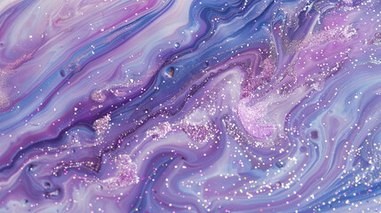 Celestial lavender marble ink flows gracefully over a radiant abstract backdrop, speckled with sparkling glitters.