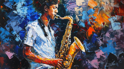 Jazz music rhythm captured in oil, with a young saxophonist enveloped in abstract colors and shapes. - 797463400