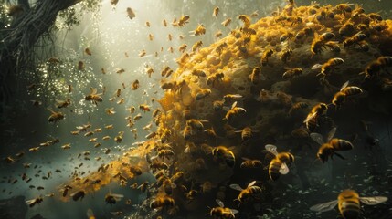 A swarm of bees buzzing around a hive, illustrating the organized chaos of communal insect life.