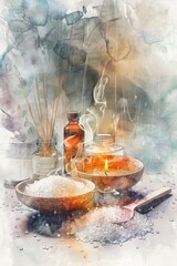 Close-up of a spa setting in watercolor style: soft washes of color depict bath salts, essential oils, and a flickering candle