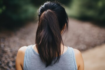 a woman with her hair in a ponytail