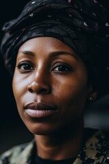 a woman with a black head wrap
