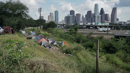 A sprawling makeshift encampment has taken root along the highway surrounded by the imposing highrise buildings of the urban skyline highlighting the stark divide between affluence and homelessness
 - obrazy, fototapety, plakaty