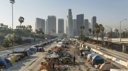 A sprawling makeshift encampment has taken root along the highway surrounded by the imposing highrise buildings of the urban skyline highlighting the stark divide between affluence and homelessness
 - obrazy, fototapety, plakaty