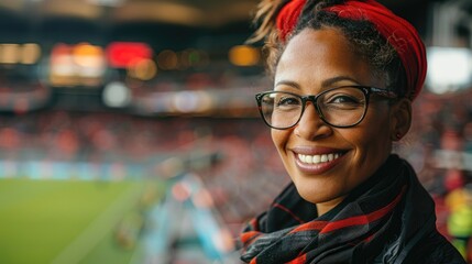 A woman wearing glasses and a red bandana is smiling at the camera
