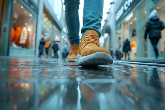 A close-up shot of a young adult's feet as they walk past a fashion store, focusing on the stylish shoes and the way they interact with the ground surface, using a wide aperture to blur the background