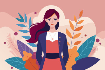 Vector illustration of a woman with long hair stands in front of a colorful background with leaves.